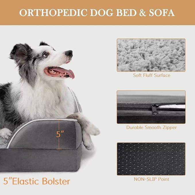 Comfort Expression Orthopedic Dog Bed for Extra Large Dogs with Bolster | Waterproof Dog Couch Bed with Washable Cover & Non-Slip Bottom, Supportive Egg Crate Foam XL Pet Bed, 45x35 Inch
