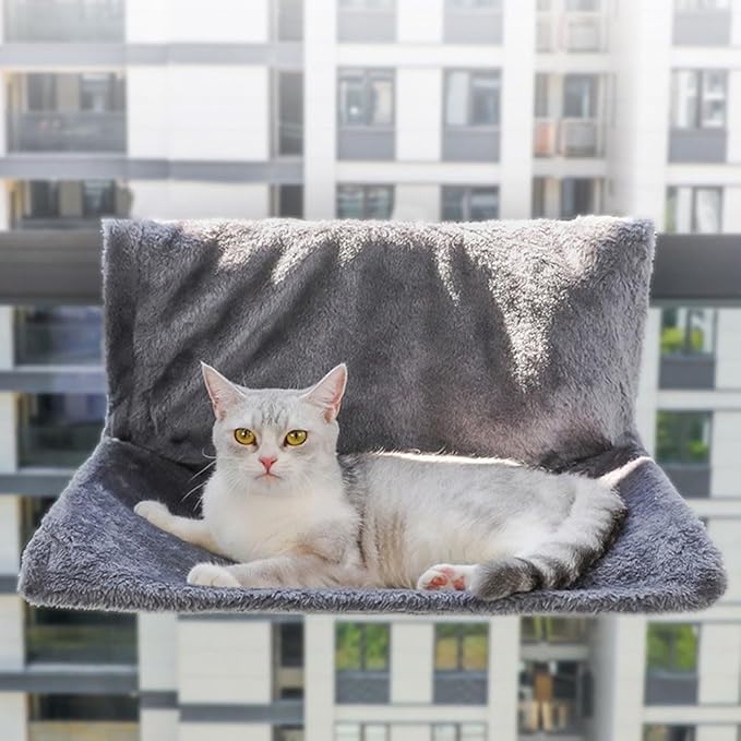 FABULETTA Hanging Radiator for Pet Bed with Plush Villus for Cats and Small Animals, Foldable Metal Frame, Machine Washable Cover, Beige(Gray)