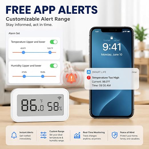 WiFi Temperature Humidity Sensor, Smart Thermometer Hygrometer with Free App Alerts, LCD Display, Calibratable, Data Logger, Indoor Monitor for Home Greenhouse Reptile (1-Pack)