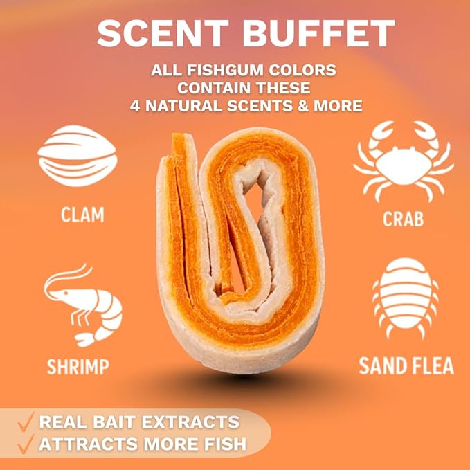 FishGum Surf Fishing Bait Strips for Saltwater Beach Fishing – Real Shrimp, Crab, Clam & Sand Flea Infused Scent – Artificial Cut Bait for Pompano, Redfish & Flounder