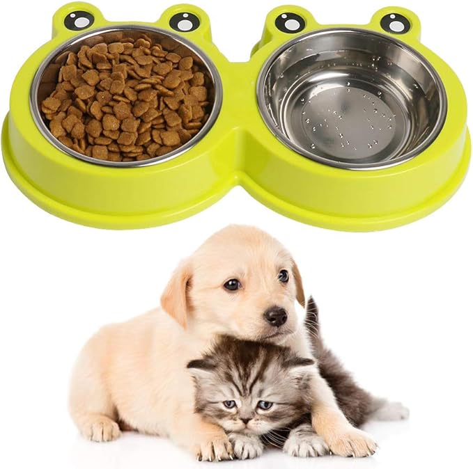 Double Dog Cat Bowls Premium Stainless Steel Pet Bowls with No-Slip Stainless Steel Cute Modeling Pet Food Water for Feeder Dogs Cats Rabbit and Pets