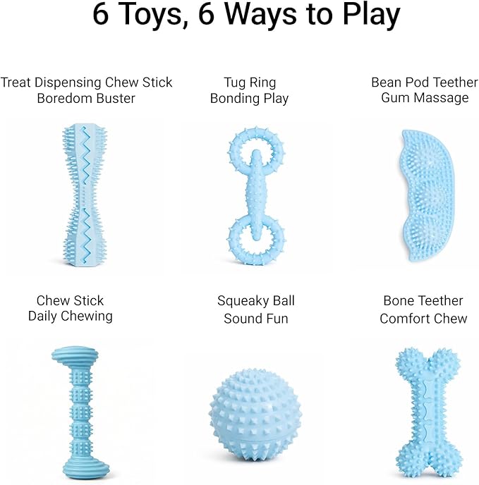 Puppy Chew Toys 6 Pack, Soft TPR Teething Toys for Puppies 2–10 Months, BPA Free Non Toxic Set with Treat Dispensing Stick, Tug Ring & Squeaky Ball for Small Medium Dogs (Blue)