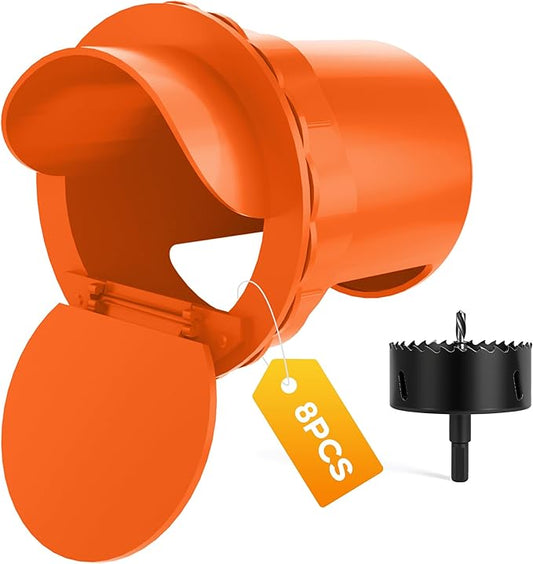 Chicken Feeder Port 8 Pack - No Waste DIY Poultry Feeding Kit with Stopper Lid & Hole Saw, Reusable Rain Proof Automatic Coop Gravity Feeder for Hens Ducks Geese (Orange)