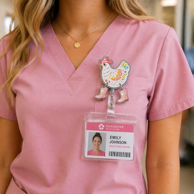 Chicken Cowgirl Badge Reel Lanyard Country Western Funny Nurse Medical Retractable Holder Alligator Swivel ID Card Name Tag Rodeo Farm Bling Vet Tech Decorative Clip Cute Accessories Gift Women