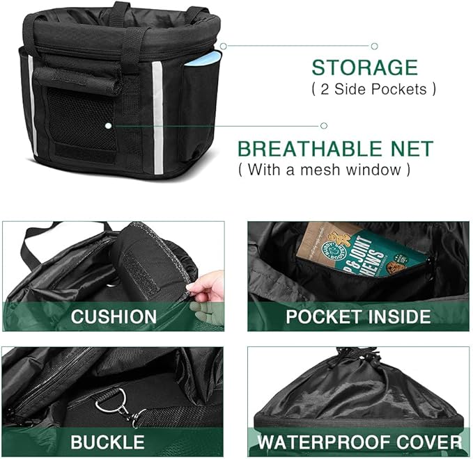 ANZOME Bike Basket, Folding Small Pet Cat Dog Carrier Front Removable Bicycle Handlebar Basket Quick Release Easy Install Detachable Cycling Bag Mountain Picnic Shopping