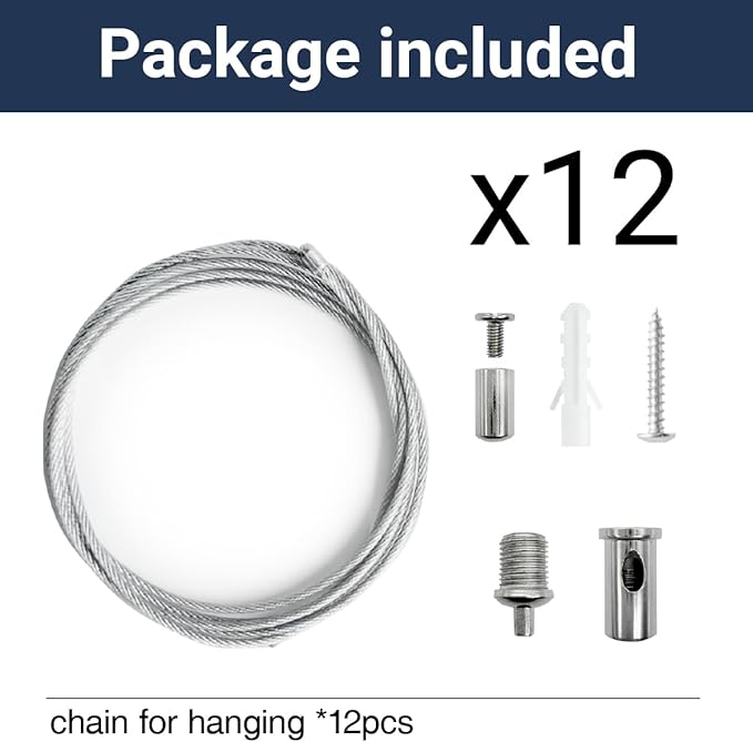 12 Pack 3ft Hexagon Garage Lights Suspension Cables Kit for Hexagon LED Lights Adjustable Steel Hanging Chains Per Strip Load 6.6Ib, Light Suspension Kit for LED Panel Aquarium Lights (1m 12pcs)