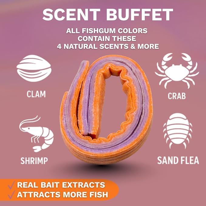 FishGum Surf Fishing Bait Strips for Saltwater Beach Fishing – Real Shrimp, Crab, Clam & Sand Flea Infused Scent – Artificial Cut Bait for Pompano, Redfish & Flounder