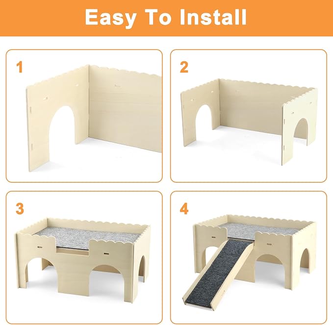 Wooden Guinea Pig Castle, Upgraded Guinea Pig Hideout, Small Pet House with Ramp & 4 Openings, Easy to Assemble for Guinea Pigs, Hamsters, Gerbils & Chinchillas
