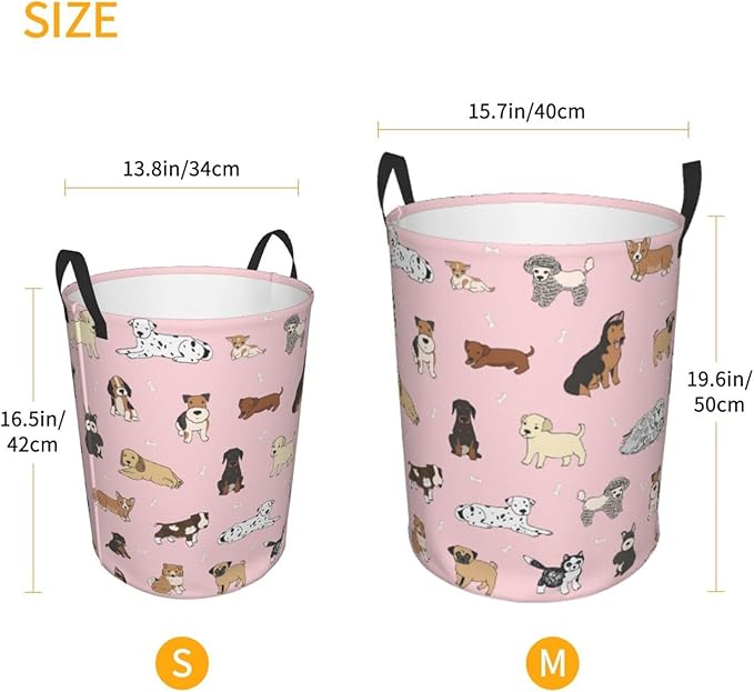Cute Dog Pink Round Laundry Hamper Storage Basket Toys Clothes Organizer Bin For Home Bathroom Bedroom Dorm Nursery, 62l