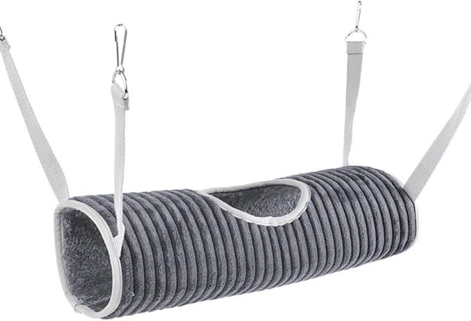 Hanging Ferret Tunnel Hammock, Warm Plush Dwarf Hamster Hideout Bed with Metal Hooks, Washable & Foldable for Hedgehog (Gray)