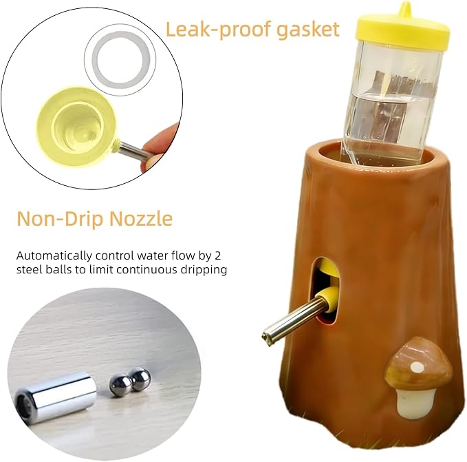 Hamster Water Bottle Ceramic Hamster Water Dispenser No Drip Feeder with Food Bowl for Mice Rats Hedgehog Chinchilla