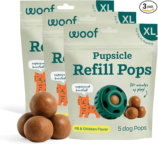 WOOF Pupsicle Refill Pops, Delicious Long Lasting Dog Treats, Pre-Made Pupsicle Refills for Dogs, Wholesome Ingredients, Low-Mess Chicken Pet Treats - XL Pops - 5 Count - 3 Pack