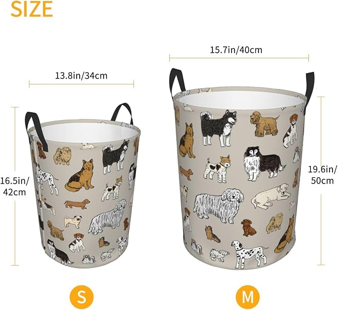 Cute Dogs Animals Print Round Laundry Hamper Storage Basket Toys Clothes Organizer Bin For Home Bathroom Bedroom Dorm Nursery, 38l