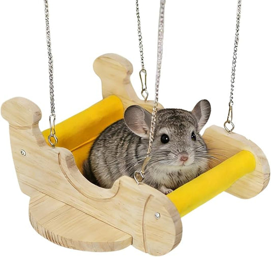 Small Animal Wood Hideout, Wooden Swing Hammock for Chinchilla, Cute Airplane-Shaped, Hanging Cage Accessory with Felt Fence, Small Pet Play Bed for Squirrel Rat, Interactive Enrichment Toy