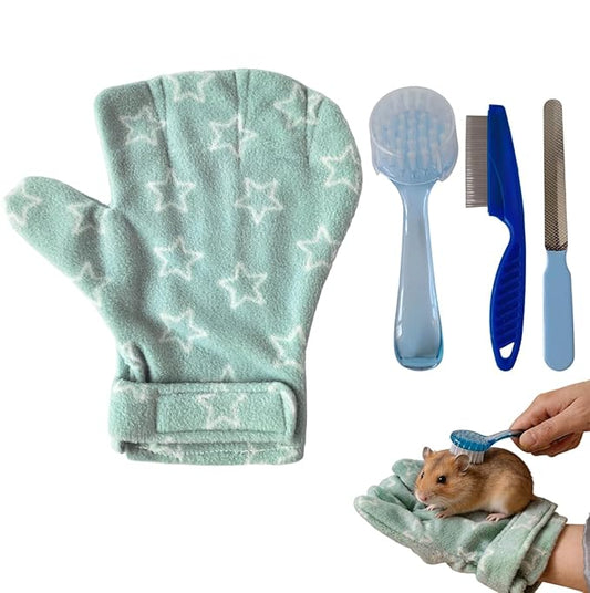 4 PCS Hamster Bite Proof Glove Set, Includes Anti-Bite Glove, Soft Bathing Brush, Metal Fine-Tooth Comb & Nail File, Safe Grooming Kit for Hamsters, Guinea Pigs, Gerbils, Ferrets, Hedgehogs