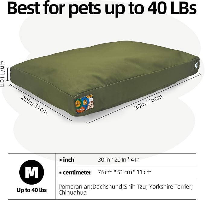 Sytopia 30 Inch Canvas Outdoor Dog Bed for Medium Dogs, Chew Proof Dog Bed with Waterproof Machine Washable Removable Cover, Durable Indoor Patio Pet Pad for Crate, Green