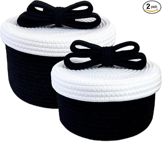Decorative Storage Baskets with Lids, Small Woven Rope Basket with Lid, Decorative Basket for Home Decor, Dog Toy Storage Baskets with Cute Bow Handle, Black