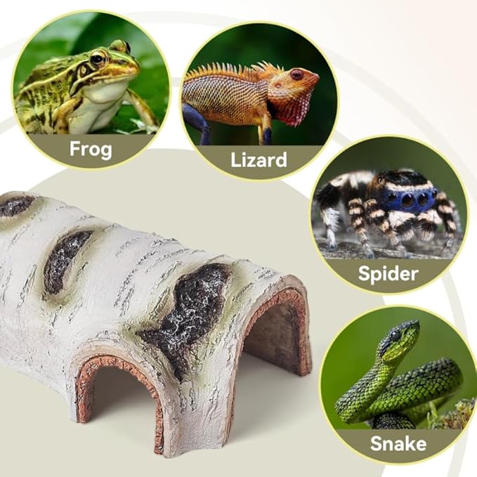 Artificial Birch Log Hide Reptile Shelter, Natural-Looking Reptile Hide for Bearded Dragons, Realistic Resin Hollow Log Hideout, Aquarium Resin Bark Decor