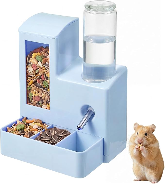 2 in 1 Hamster Water Bottle, No Drip 120ml Hamster Water Bottle, Gravity Hamster Food Bowl with Snack Bowl, Hamster Cage Accessories for Cage for Guinea Pigs