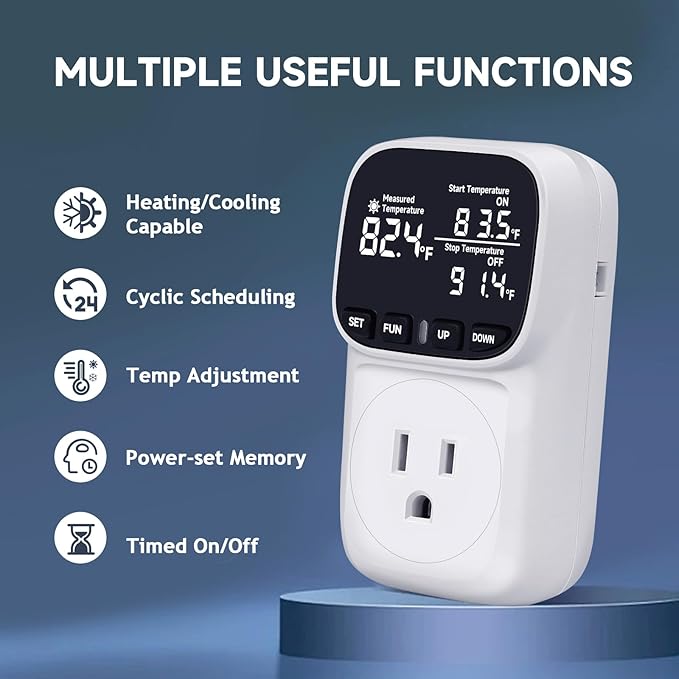 Temperature Controlled Outlet with 16.4ft & 6.5ft 2 Probes, Reptile Thermostat 15A 1800W Digital Thermostat, Heating Cooling Timer with Cyclic Timing/Countdown, -40℉~210℉ for Reptile Incubator