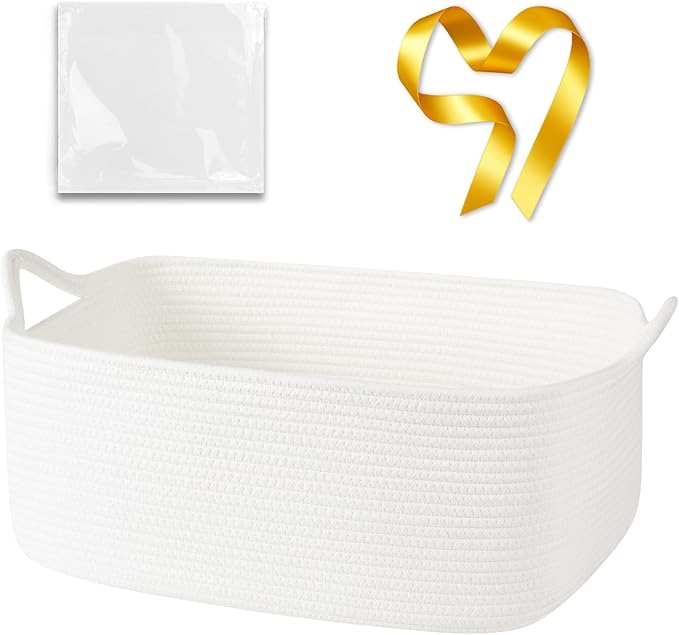 OIASKET Large Empty Gift Baskets for Baby Shower, 18.9" L x 13.8" W x 7.8" H Cute Woven Storage Basket with Gift Bags and Ribbons, Small Rope Toy Basket with Handles, Cat Dog Pet Toy Organizer - White