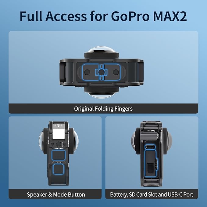 Nitze MAX2 Cage for GoPro MAX2 360 Action Camera, Aluminum Alloy Protective Cage with Built-in Cold Shoe and 1/4" Locating Hole - T-GP04A