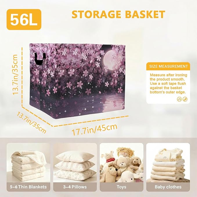 56L Cherry Blossoms Laundry Basket Clothes Hamper with Handles,Foldable Blanket Storage Large Laundry Hamper with Waterproof PE,Toy Storage Bin Organizer,Cube Clothes Organizer,Home Decor