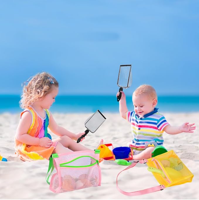 MUYIZI Beach Mesh Shovel with Mesh Beach Bag for Shell Collecting, Kids Sand Sifter for The Beaches,Shell Scooper for Beaches,Shark Tooth Sifter Dipper,Sea Shell Bags for Kids,Sand Toys (Pink+Yellow)