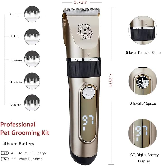 IWEEL Dog Clippers, 2-Speed Professional Rechargeable Cordless Cat Shaver and Low Noise Water Proof Electric Dog Trimmer Pet Grooming Kit Animal Hair Clippers Tool with Scissors Combs