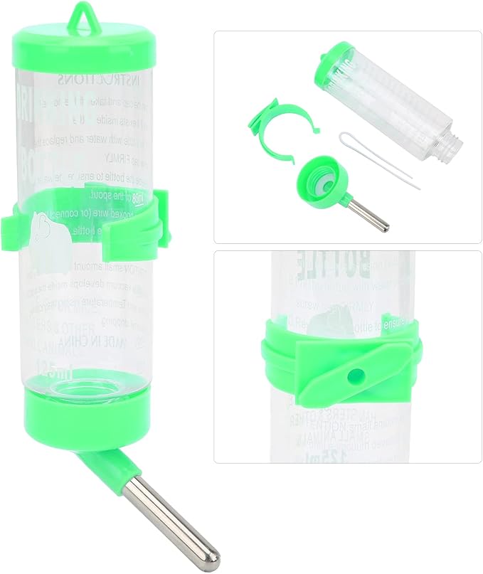 Hamsters Water Bottle, Automatic No Drip Hanging Water Feeder Dispenser for Small Animals Guinea Pig Rat Rabbit Dwarf Gerbil Chinchilla(Green 125ML)