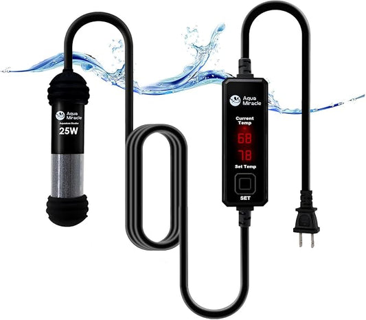 AquaMiracle Upgraded 25W Small Aquarium Heater Fish Tank Heater Turtle Heater Super Mini Aquarium Heater, Dry-Run/Overheating Protection and Memory Function, Dual LED Display, for 3-5 Gal Tanks