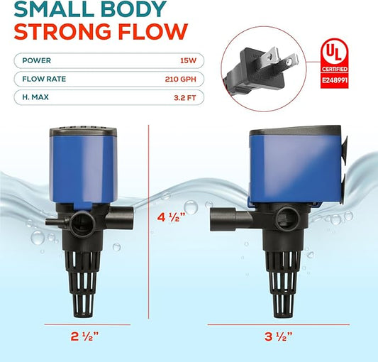 Aqua Dream 210 GPH Aquarium Powerhead - 3-in-1 Submersible Filter Pump with Air Oxygenation & Adjustable Flow, 15W High-Performance Water Circulation Pump for Fish Tanks - 8 Pcs