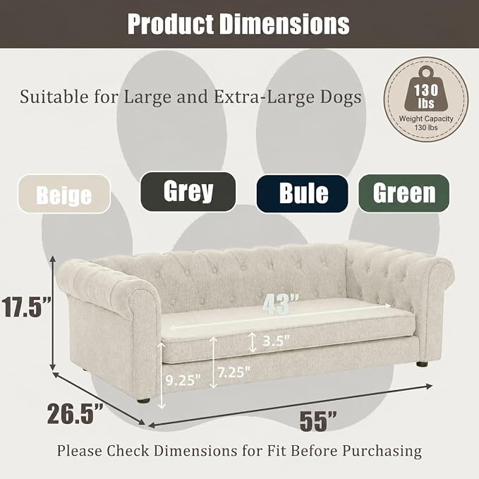 Large Dog Couch, for Large & Extra Large Dogs | Removable & Washable | No Assembly Required | Breathable Linen Fabric | Soft Foam |Floor-friendly sofa legs | Beige