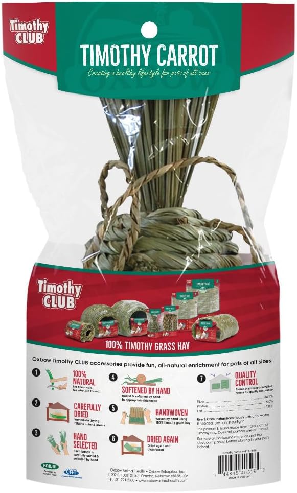Oxbow Timothy Hay Carrot, Rabbit & Guinea Pig Toy, Edible & Hand-Woven Bunny Toy, No Wires or String, Small Pet Accessories, for Rabbits, Guinea Pigs, Chinchillas & Rats, Medium (Pack of 2)