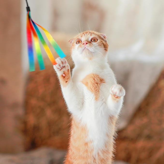 5 Pcs Cat Ribbon Toy, Cat Toy Wand Replacement Interactive Kitten Rainbow Toys Wand, Portable Cats Teaser Wands, Kitten Ribbon Refill Attachment Toys with Bell for Most Cats Kittens Small Pets