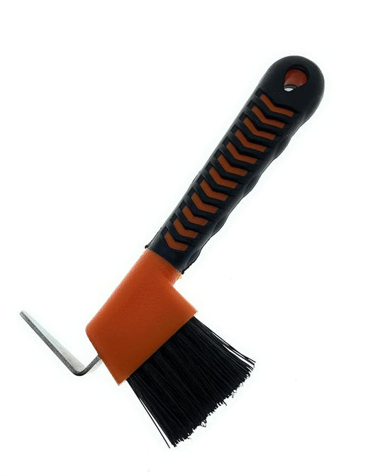Horse Hoof Pick with Brush - Non-Slip Ergonomic Handle, Heavy-Duty Steel Pick & Stiff Bristles - Removes Dirt, Mud & Rocks - Horse Grooming Tool for Daily Hoof Care (Orange)