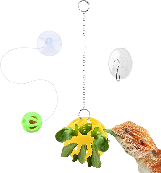 Bearded Dragon Enrichment Toys Feeder Ball Set, Vegetable Feeder Ball & Bell Ball, Exercise Balls Interactive Feed Toys Bells Reptile Tank Accessories for Reptile Lizard Gecko (Yellow)