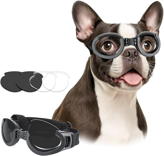 Dog Goggles Medium Breeds, Clear UV Protection Dog Sunglasses with Black Replaceable Lenses, Adjustable Doggy Glasses for Outdoor Activities Hiking/Camping Windproof Pet Eyewear