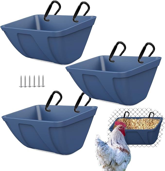 mozoba Hanging Chicken Feeder Trough for Goat Sheep Deer Poultry Duck Chicken Fence Feeder Livestock Feeding Container Goats Supplies Feeders Waterer Bucket (Dark Blue)
