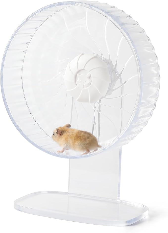 Silent Exercise Wheel with Adjustable Stand for Hamsters, Gerbils, Mice & Small Pets + Free Cleaning Cloth - 8.3" Diameter Running Wheel, Easy Clean, Anti-Slip Track (Transparent)