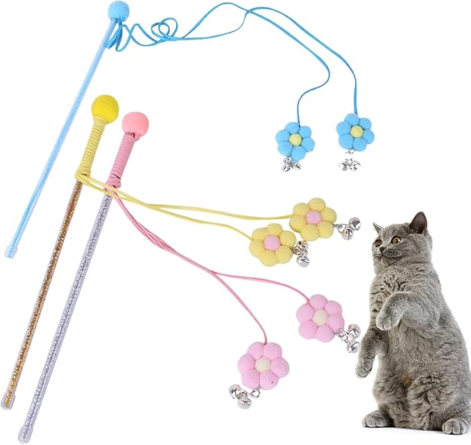 Pink Cat Feather Stick Toy - Cat Teaser Wand with Feather Refills and Bell, Interactive Cat Toy Wand for Indoor Cats and Kittens