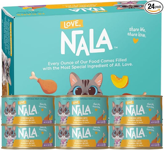 LOVE, NALA - Chicken Flaked with Pumpkin in Broth - 24 Pack, 4.8 lbs - Natural Adult Cat Wet Food Flaked -Grain Free, Non-GMO, Lean Protein, Added Minerals & Vitamins