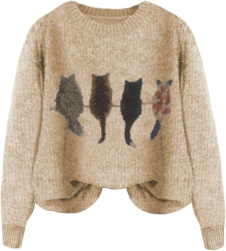WDIRARA Women's Cat Graphic Sweater Long Sleeve Crew Neck Knit Tops Casual Knitwear
