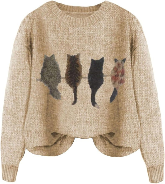 WDIRARA Women's Cat Graphic Sweater Long Sleeve Crew Neck Knit Tops Casual Knitwear