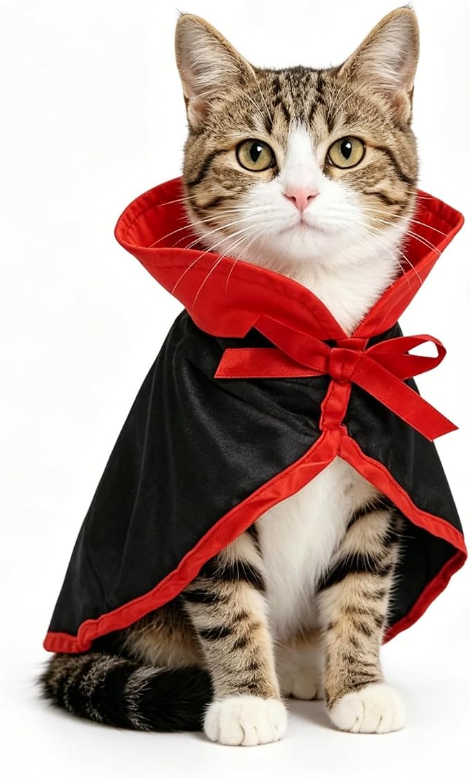 NAMSAN Cat Vampire Costume, Halloween Pet Dracula Cape for Cats Small Dogs Rabbits, Stand-Up Vampire Cloak Small Breed, Small Pets Halloween Cosplay Outfit Party Dress Up