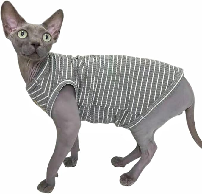 Grey Stripe Sphynx Cat Vest Clothes for Hairless Cat T-Shirt Apparel | Sleeveless, Rib Knit, Thin for Summer, Cotton Blend