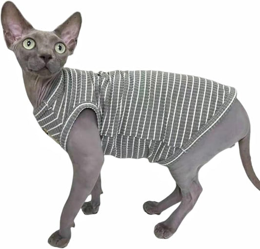 Grey Stripe Sphynx Cat Vest Clothes for Hairless Cat T-Shirt Apparel | Sleeveless, Rib Knit, Thin for Summer, Cotton Blend