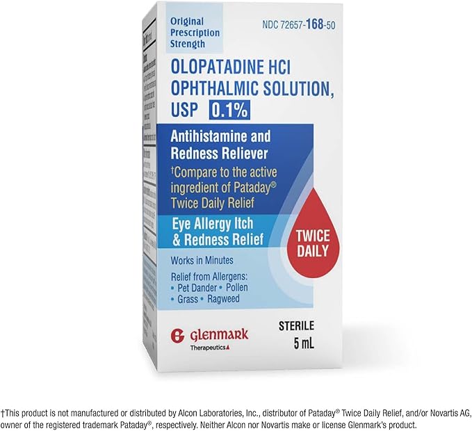 Glenmark Therapeutics Olopatadine Eye Drops for Allergies, Redness Relief, Antihistamine Eye Drops, Allergy Relief from Pet Dander, Pollen, Grass, Ragweed, Works in Minutes, Olopatadine HCl 0.1%, 5ml