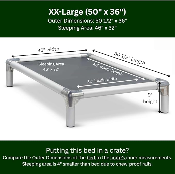 Kuranda Chewproof Elevated Dog Bed - Silver Aluminum - 50" x 36" - Heavy Duty Vinyl - Smoke
