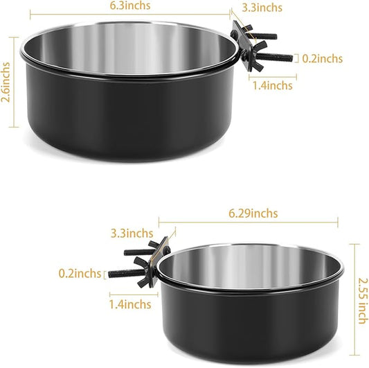 2 Pcs Black Large Pet Dog Food Water Bowl for Cage Stainless Steel Non-Spill Kennel Hanging Cats Bowls with Clamp Holder Crate Feeder Dish for Medium Large Dogs Huge Pets (7.1x2.5'' & 6.3x2.4'')